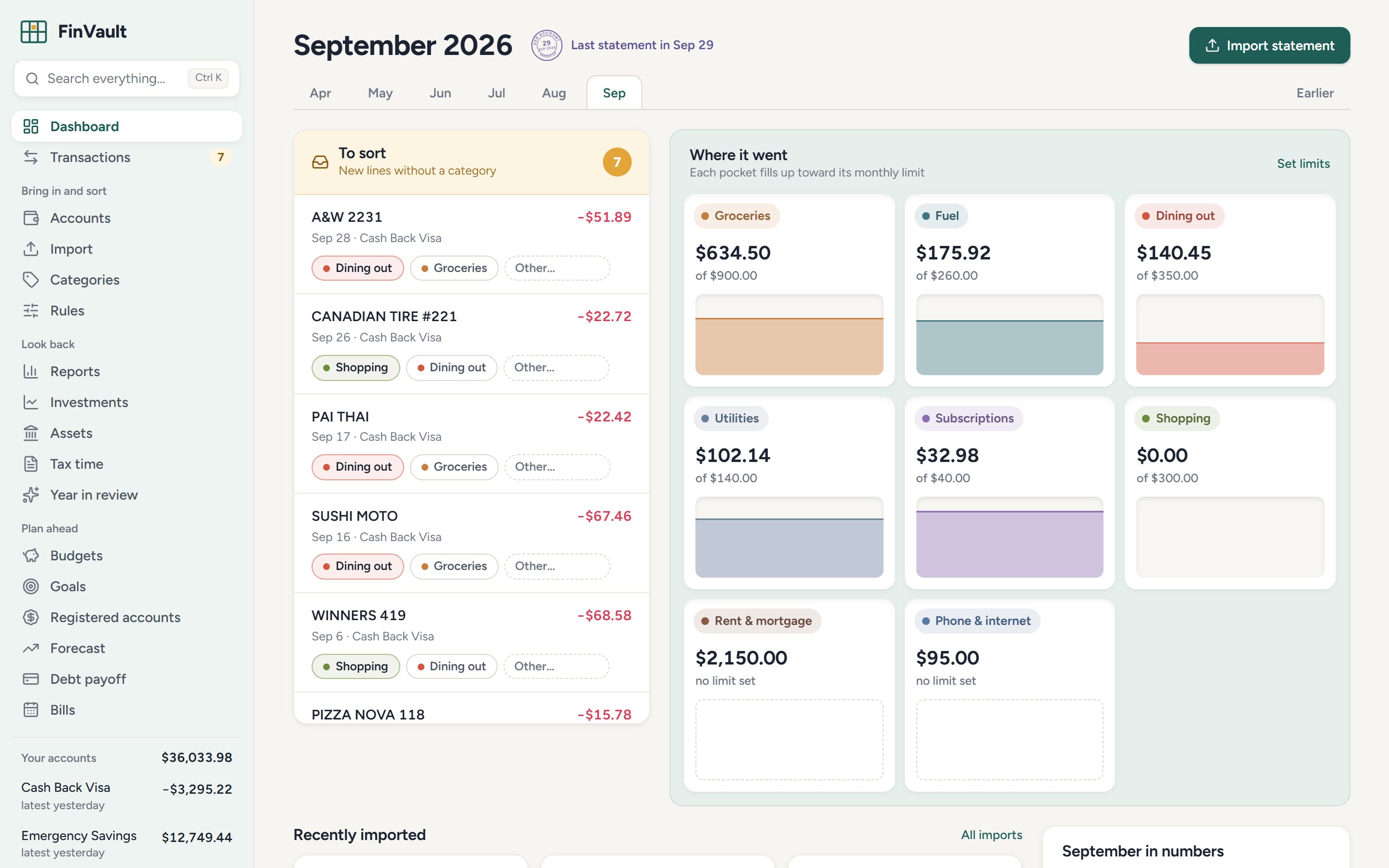 The FinVault dashboard: a To sort tray of new transactions beside category pockets that fill toward their monthly limits.